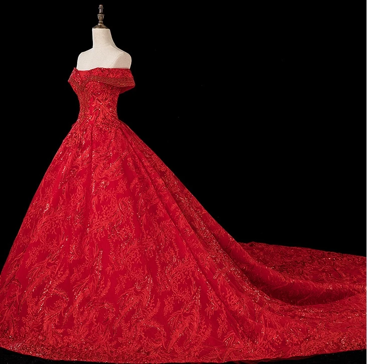 Robe de mariée de luxe en dentelle rouge/champagne, épaules dénudées, avec perles, robe de bal brodée, 2020