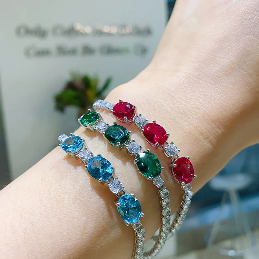 2021 New 7*9mm Aquamarine Stone Emerald Ruby Lab Diamond Strand Bracelet for Women Gemstone Party Fine Jewelry Anniversary Gift