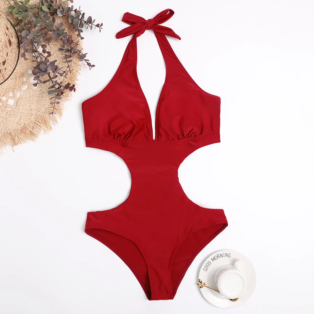 Sexy Cut Out Trikini Swimsuit for Women 2023 New Solid Deep V Halter Backless One Piece Swimwear Monokini Women's Bathing Suit