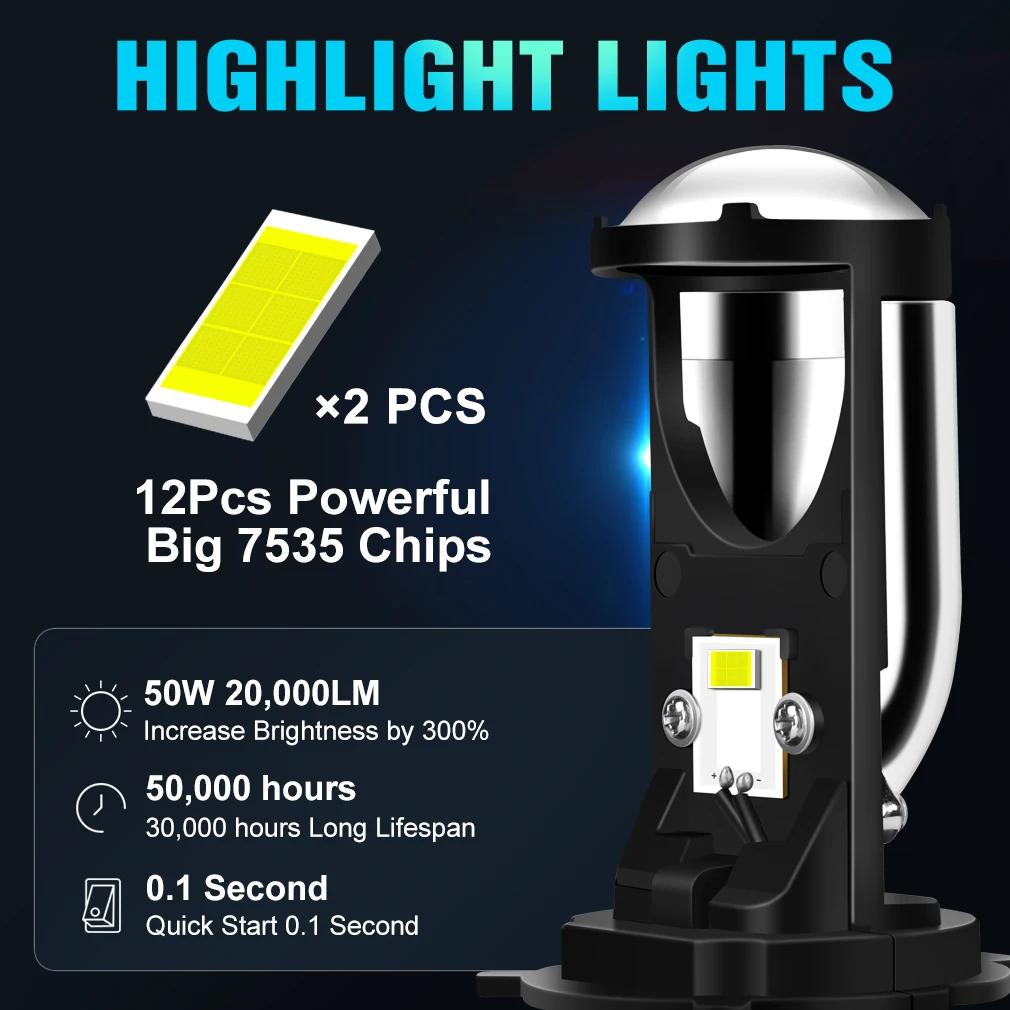 XSTORM H4 Led Projector Lens Mini Canbus 9003 HB2 50W 20000LM Car Headlight Bulb High Low Beam Light 12V 24V 6000K Automobiles