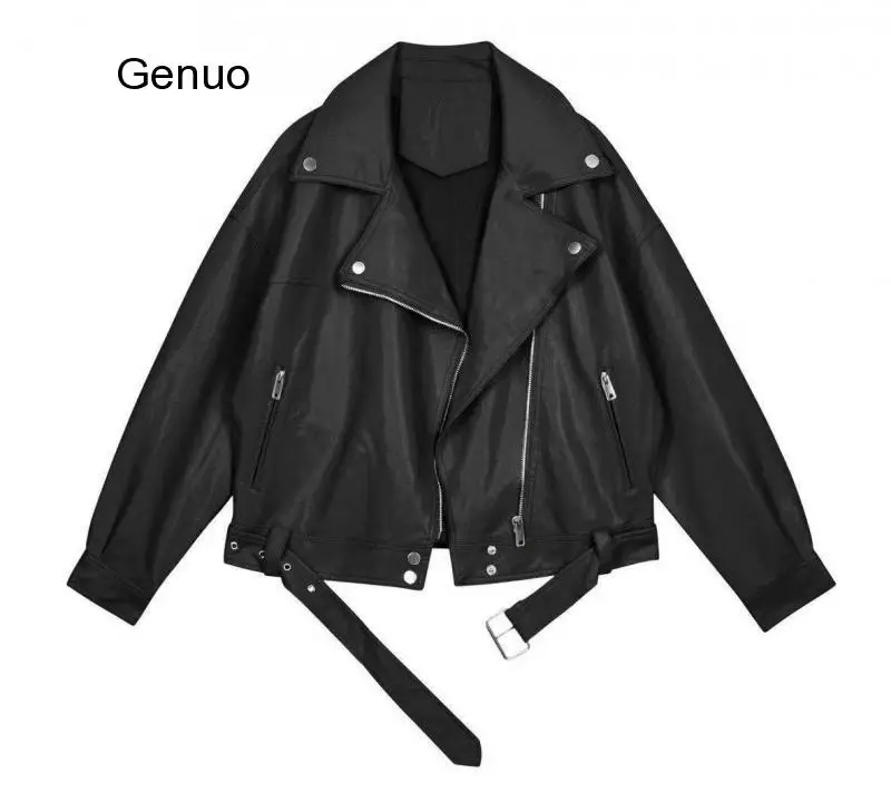 

2020 Autumn Women Faux Pu Soft Leather Jacket Turndown Collar Black Punk Motorcycle Zipper Loose Jacket Outwear With Belt