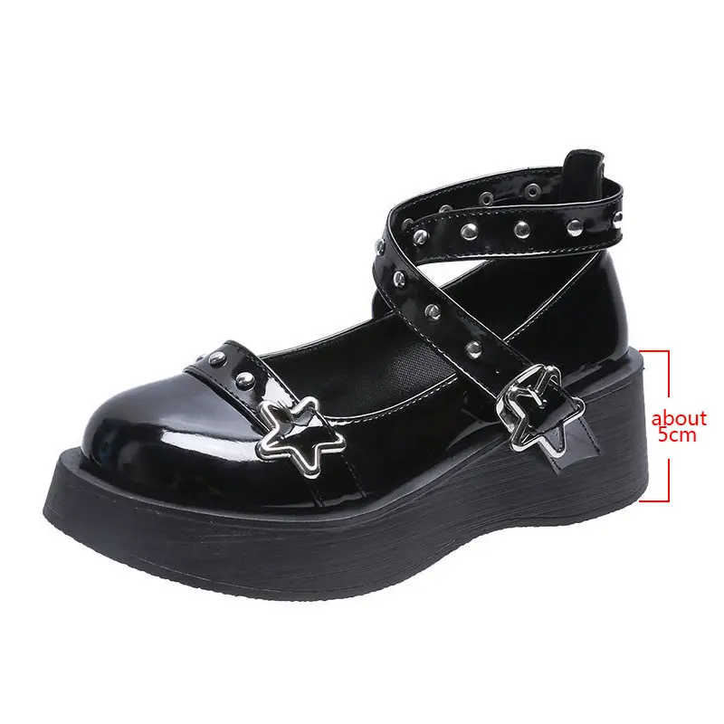 Lolita Shoes Star Buckle Mary Janes Shoes Women Cross-tied Platform Shoes Patent Leather Girls Shoes Rivet Casual Shoes 2024