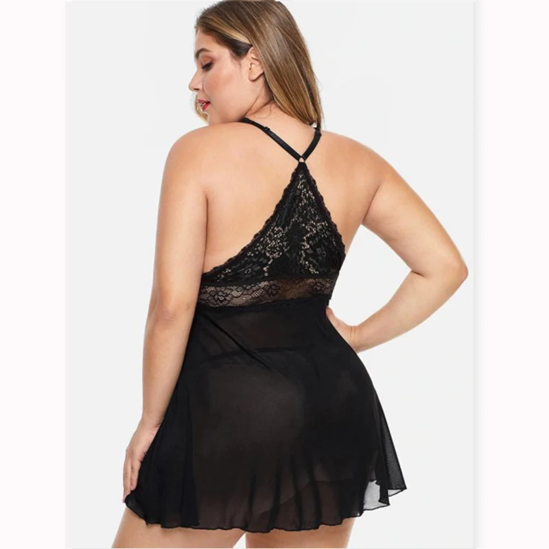 Lencería Sexy de talla grande para mujer, vestido de noche de encaje, ropa interior con Tanga, camisón Sexy, S-6XL