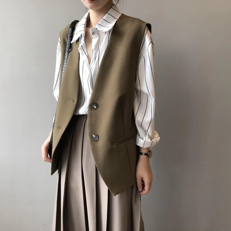 

Autumn Spring Women Vest Casual Loose Solid Color V Neck Waistcoat Single Breasted Sleeveless Jacket OL Ladies Suit Vest Tops