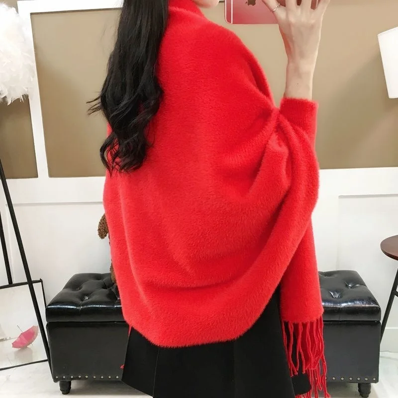 Women Cape Shawl Knitted Coat Bat Sleeve Imitation Mink Fleece Sweater Cardigan Poncho Mujer Autumn Winter Solid Loose Cloak Top