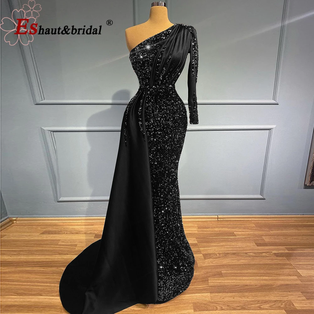 Elegant Wedding Evening Night Dress for Women 2023 Long Sleeves Mermaid Sequin Velvet One Shoulder Formal Prom Party Gowns