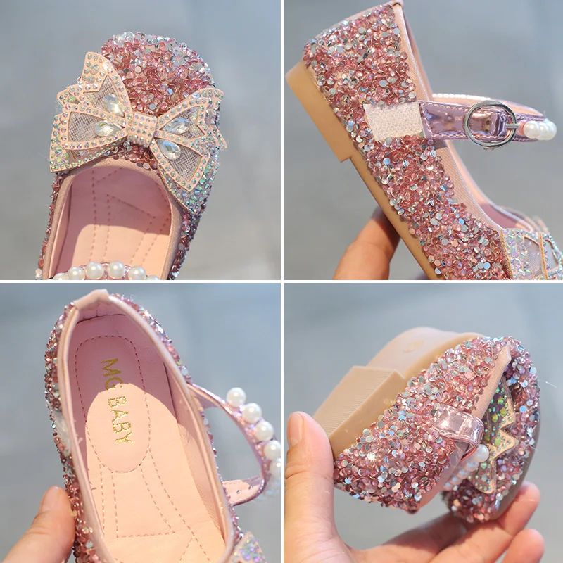 Spring Kids Leather Shoes Fashion Rhinestone Bowtie Girls Princess Shoes 2021 Bling Flat Baby Girl Shoes SMG155