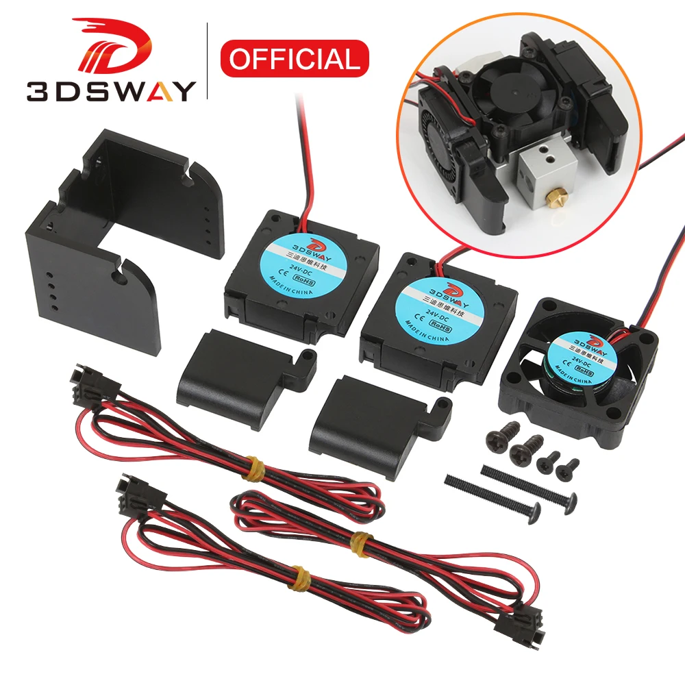 3DSWAY 3D Printer Parts 2 in 1 out Dual Head Extruder Hotend Fan Bracket DC 12v/24v 3010 Turbo Cooling Fan Blower Guide Duct Kit