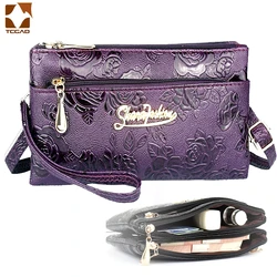 Porte-monnaie à quatre fermetures éclair pour femmes, pochette longue à molletonnage 3D rétro en cuir, sacoche pour téléphone