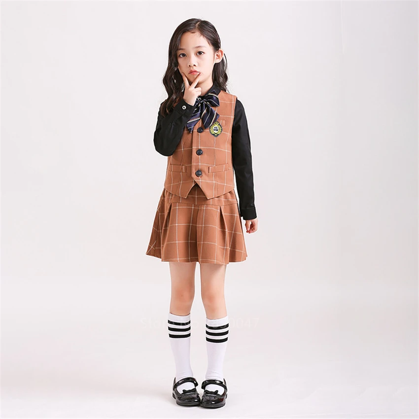 Children Korean Japanese Kindergarten Primary School Uniform Boy Girl Academic Navy Kawaii Waistcoat Vest Tie Clothing Set Suit