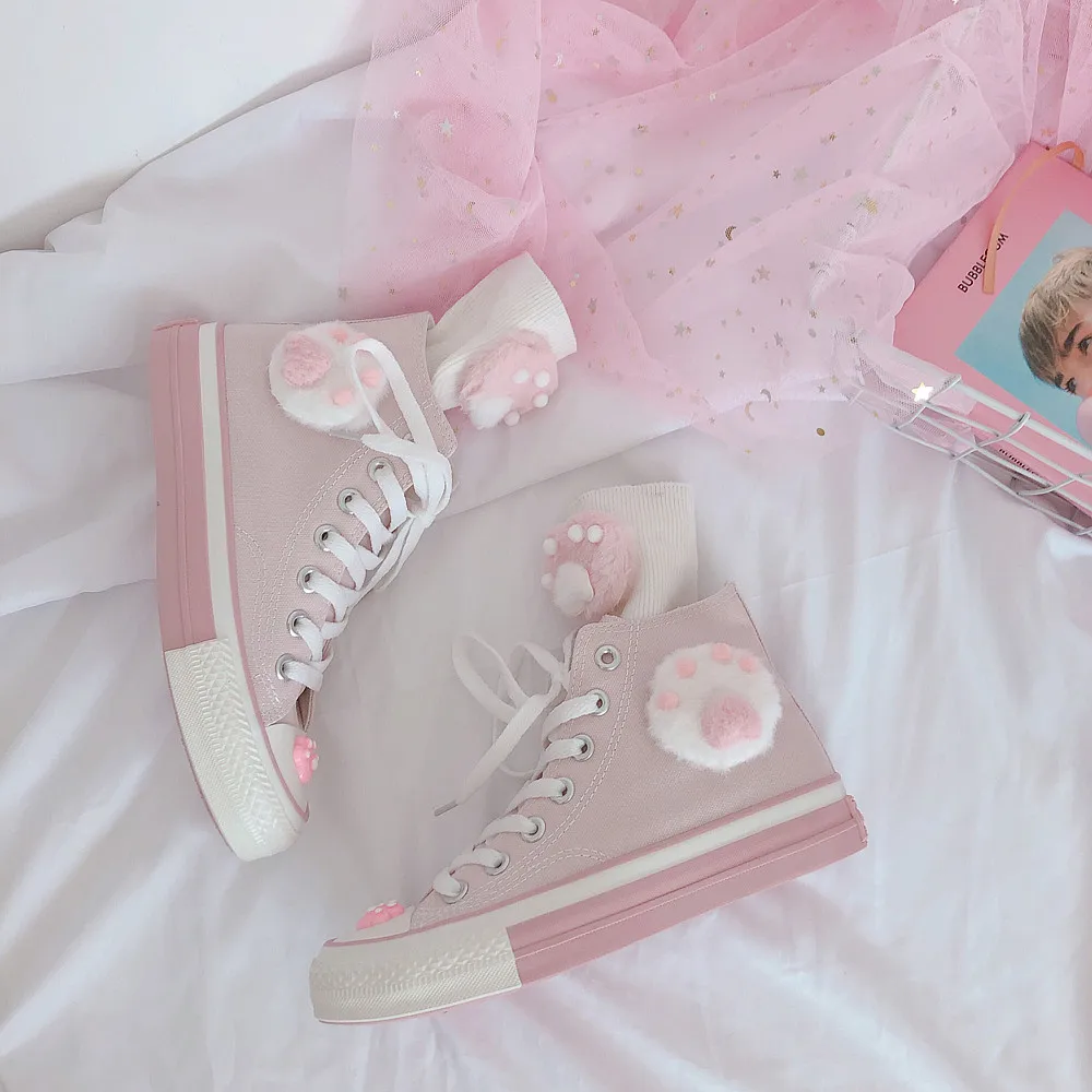 Japanese pink meow girl cute high-top fantasy canvas shoes sweet lolita shoes tea party kawaii princess kawaii shoes vintage