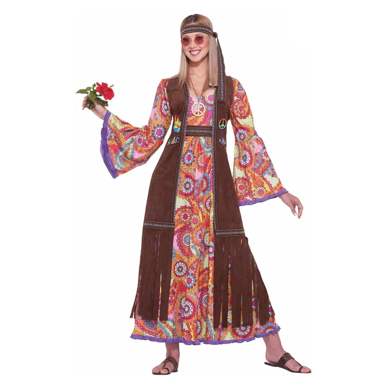 

Halloween Adult 60's70's Hippie Costume Purim Carnival Disguise Party Groovy Disco Native Night Club Cosplay Dress