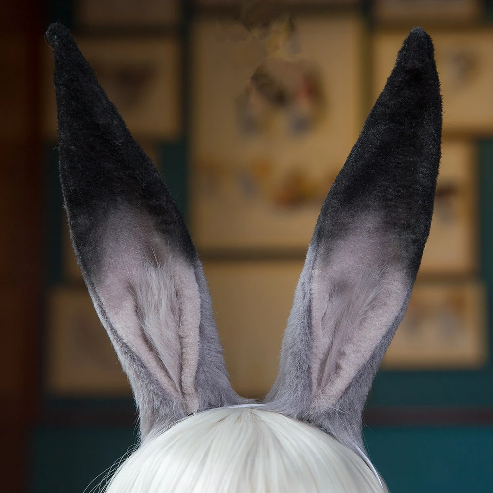 Hand-made Custom Lolita Halloween Cosplay Accessories Simulation Gray Rabbit Buuny Ears Hairhoop Handmade Work