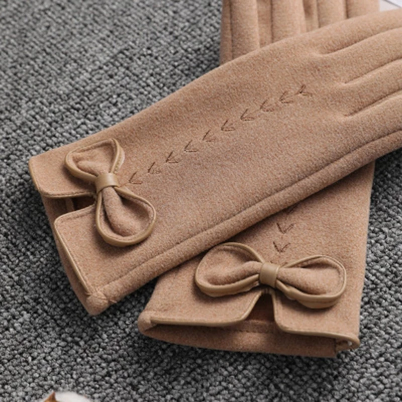 Female Cute Bow Embroidery Thin Plus Velvet Touch Screen Driving Mittens Winter Women Outdoor Cashmere Warm Cycling Gloves L25L