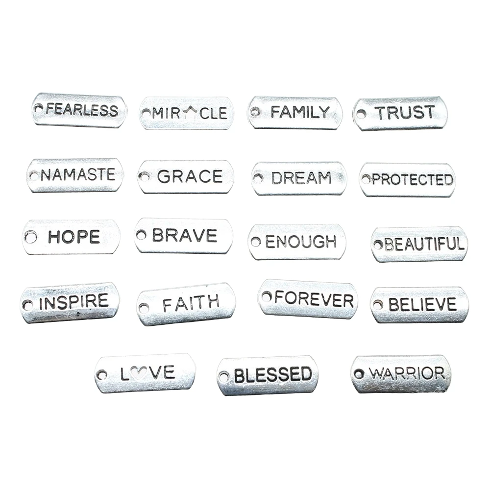 10pcs Word Tags Pendant Charms Antique Silver Color Blessed Faith Believe Trust Family Namaste Fearless Dream Hope Charms