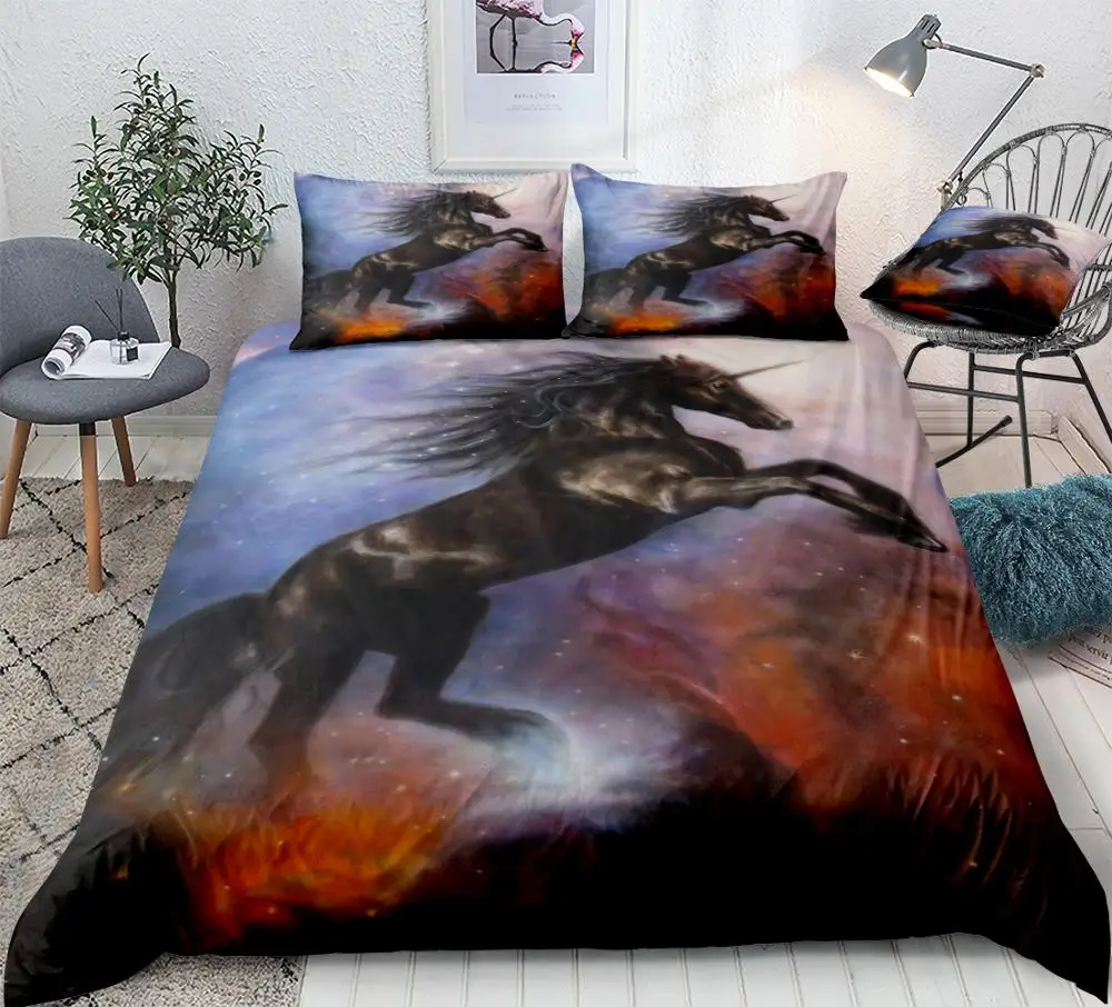 

3D Black Unicorn Bedding Unicorn Dancing in Space Quilt Cover Galaxy Bed Set Colorful Home Textiles Horse 3pcs King Dropship