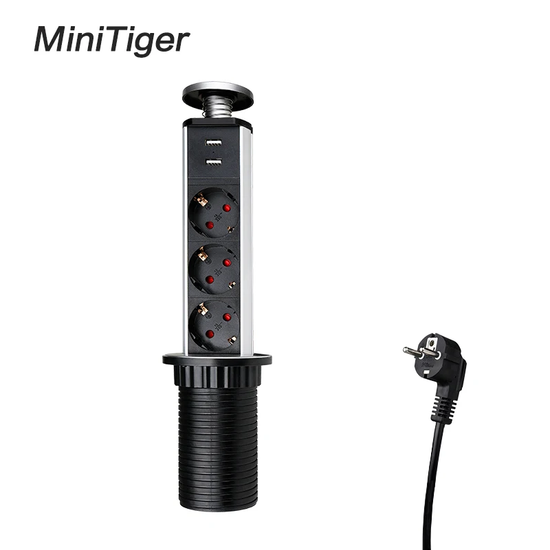 

Minitiger 16A PULL POP UP 3 Power Socket 2 USB Charging Port Kitchen Table Desktop Sockets Retractable Countertops EU/FR Plug