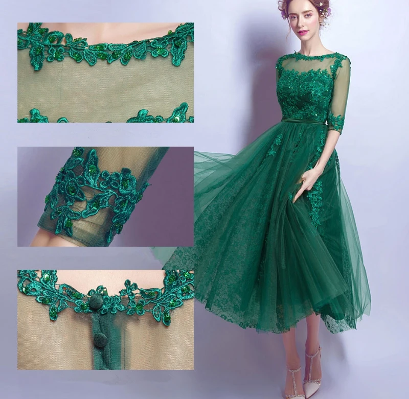 Vestidos de Noche largos de té verde para mujer, Media manga, apliques de cuentas de tul, vestidos de fiesta de graduación, abiye gece elbisi, gran oferta, 2024