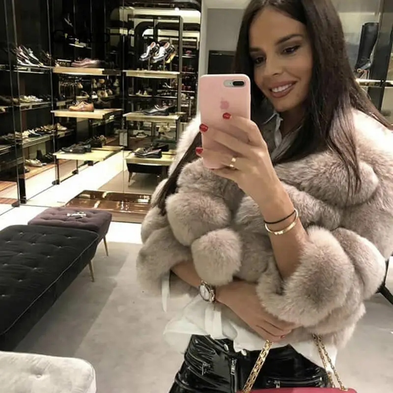 Faux Full Leather White Fox Coat Blue Fox Fur Jacket for Women Imitation Fur Horizontal Stripe Short Fake Fur Coat Female