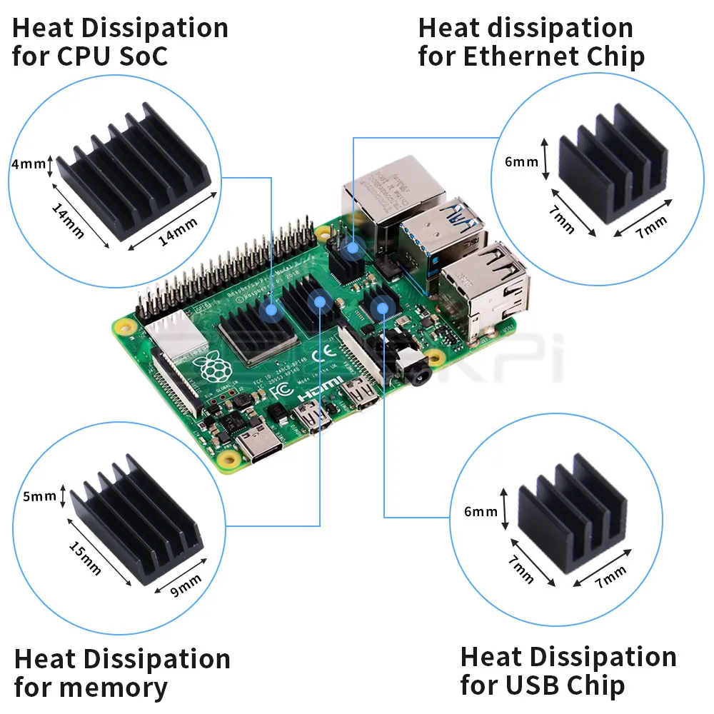 Geeekki 1 Set Isi 4 Buah Aluminium Heat Sink Perak/Hitam atau 2 Set atau 5 Set Paket untuk Raspberry Pi 4B Pi 4 Model B