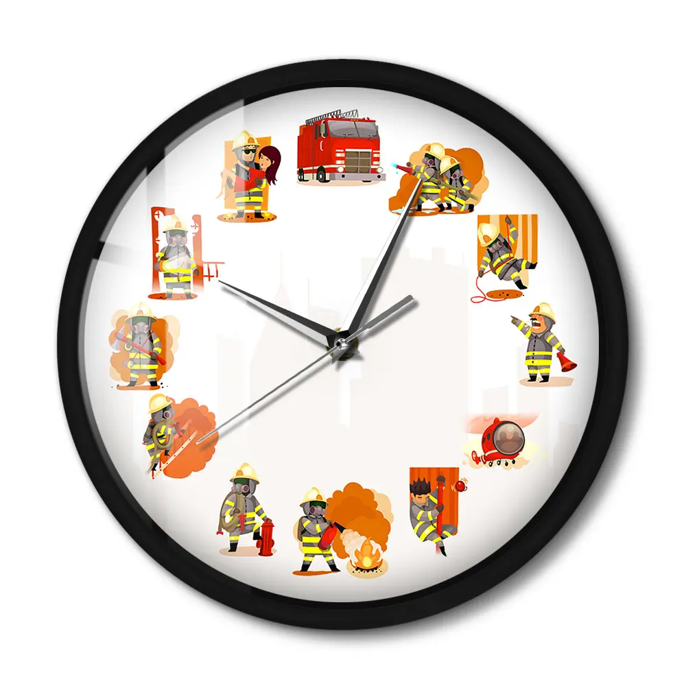 Fireman At Work Fire & Rescue Voice Control Wall Clock Comic Style Firefighter Team Quiet Sweep Quartz Watch LED Light Lamp