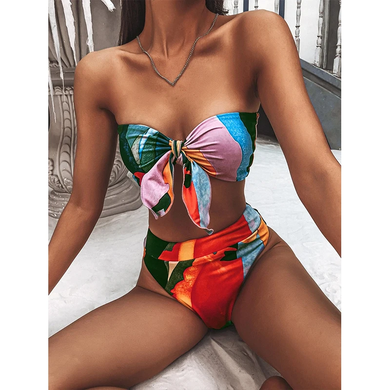 JyoJyo Retro high waisted bikini 2021 Sexy knot swimsuit women Printed swimwear female bathing suit Swimmming suit bathers plus