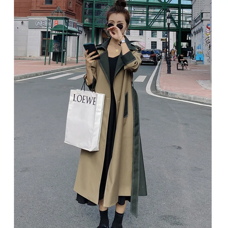 

Fashion Contrast Color Stitching Windbreaker Women's 2024 Autumn New British Style Slim Temperament Long Trench Coat For Women