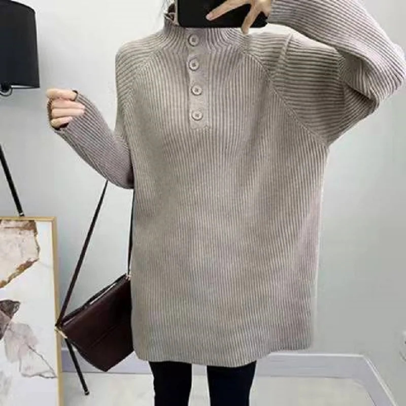 Woman's SweaterDress Knit Backto Basics Turn-down Half-high Collar Pullovers Loose-fitting Casual Office Lady Chic Elegant Solid