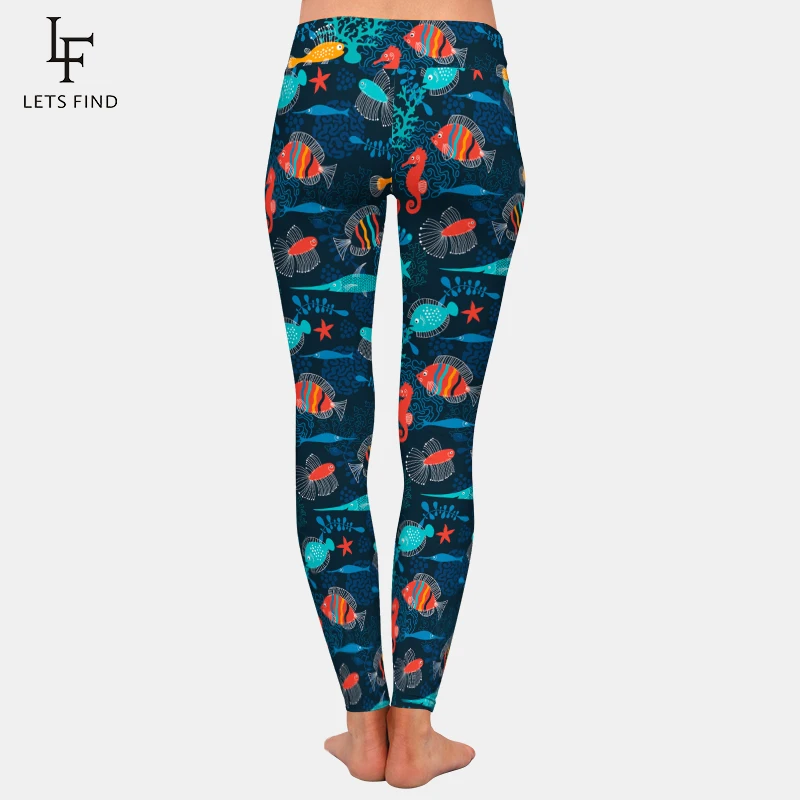 Letsfind alta elastic cintura alta casual leggings femininas 3d cartoon fish print preto menina quente leggings