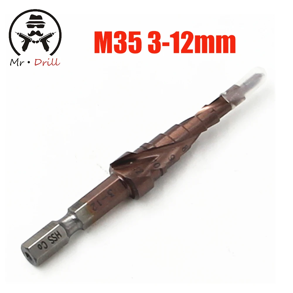 M35 HSS-CO Step Drill Bits 3-12mm Metalworking Spiral Groove 1/4\'\' Hex Shank Stainless Steel Tapping Cobalt Plating