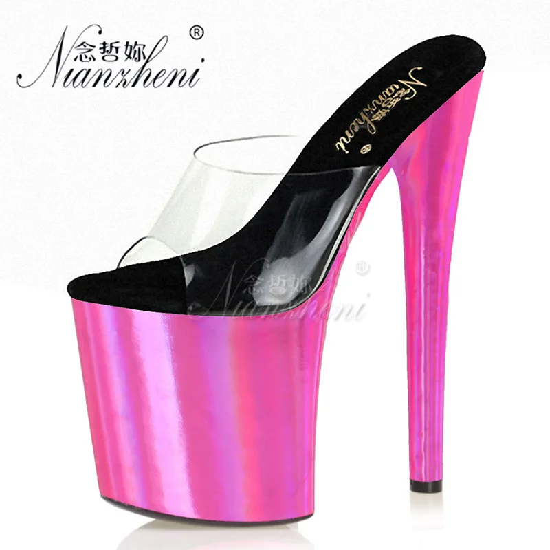 

New style Clear Shallow Big Size Women's Slippers 8 inches Super Stiletto heels Trend paint Sexy Fetish 20CM Stripper Clubbing