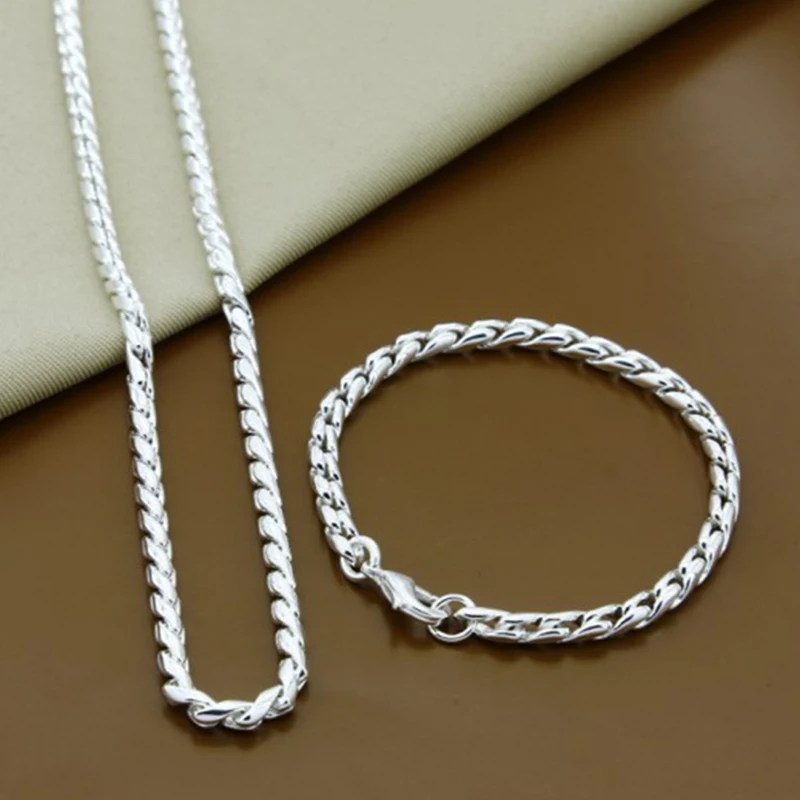 Fashion Weddding Jewelry Set 925 Silver 4mm Twist Necklace Bracelet For Women