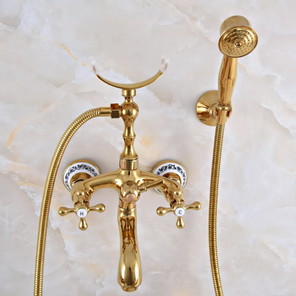 Luxury Golden Brass Double Handle Wall Mounted Bathroom Bath Tub Faucet Set with 1.5M Hand Held Shower Spray Mixer Tap 2na950