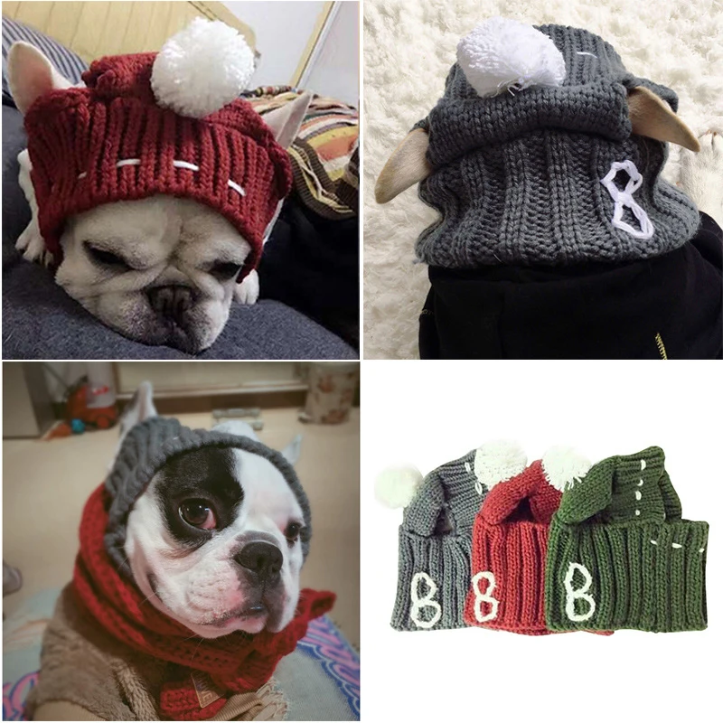 Winter Dog Cap Christmas Pet Hats Small Dogs French Bulldog Dog Accessories Woolen Puppy Hat With Ball Headwear Pet Products