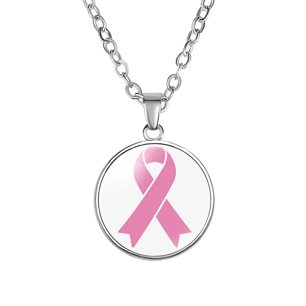 Women Breast Cancer Awareness Hope necklaces For Girls Pink Ribbon Glass Cabochon Pendant Fashion Jewelry Gift