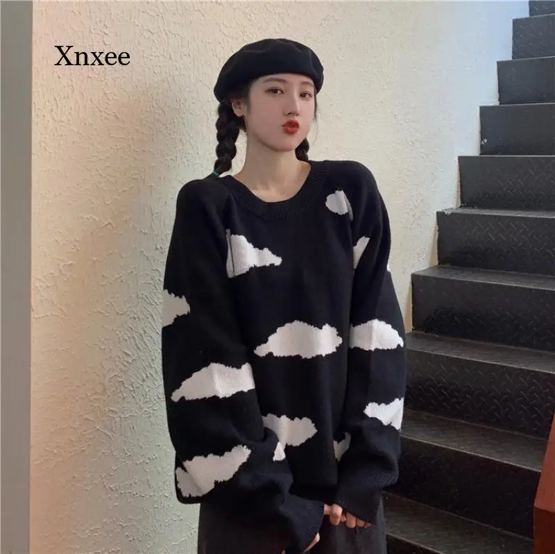 Nomikuma Korean Cartoon Cloud Women Sweater Chic Causal Oversized Knitted Pullover Tops 2020 Autumn New Pull Jumpers 6B805