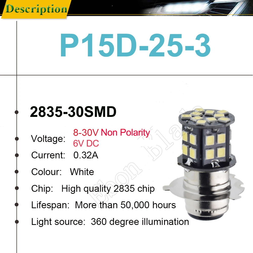 2x White Motorcycle Motorbike P15D-25-3 Headlight 6V 12V LED 2835 30smd Moped Scooter ATV Headlamp Head Lamp Bulb Aluminum Light