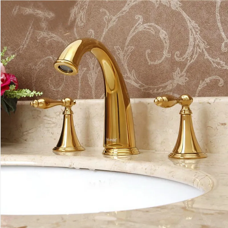 

Polished Gold Brass 8" Widespread Bathroom Basin Faucet Vanity Sink 2 Knob Tub Mixer Tap Deck Mount 3 Holes Lavatory Tap