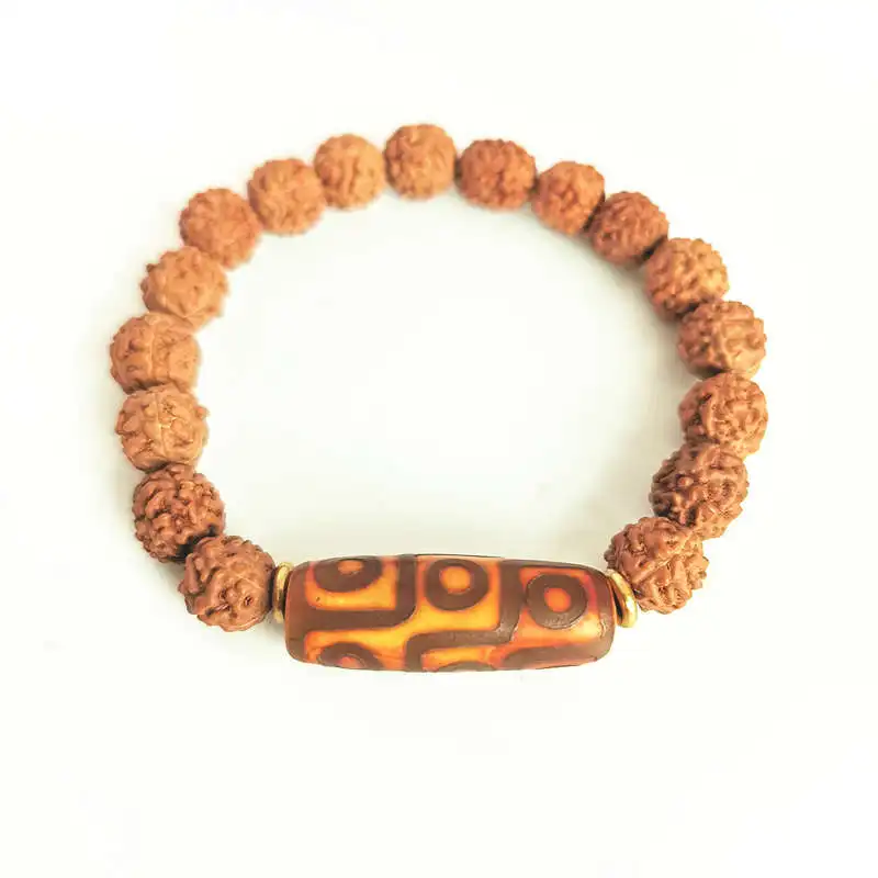 Tibetan Dzi with Rudraksha Bracelet Natural Bodhi Beads Beaded Stretch Nine Eye Dzi BB-137