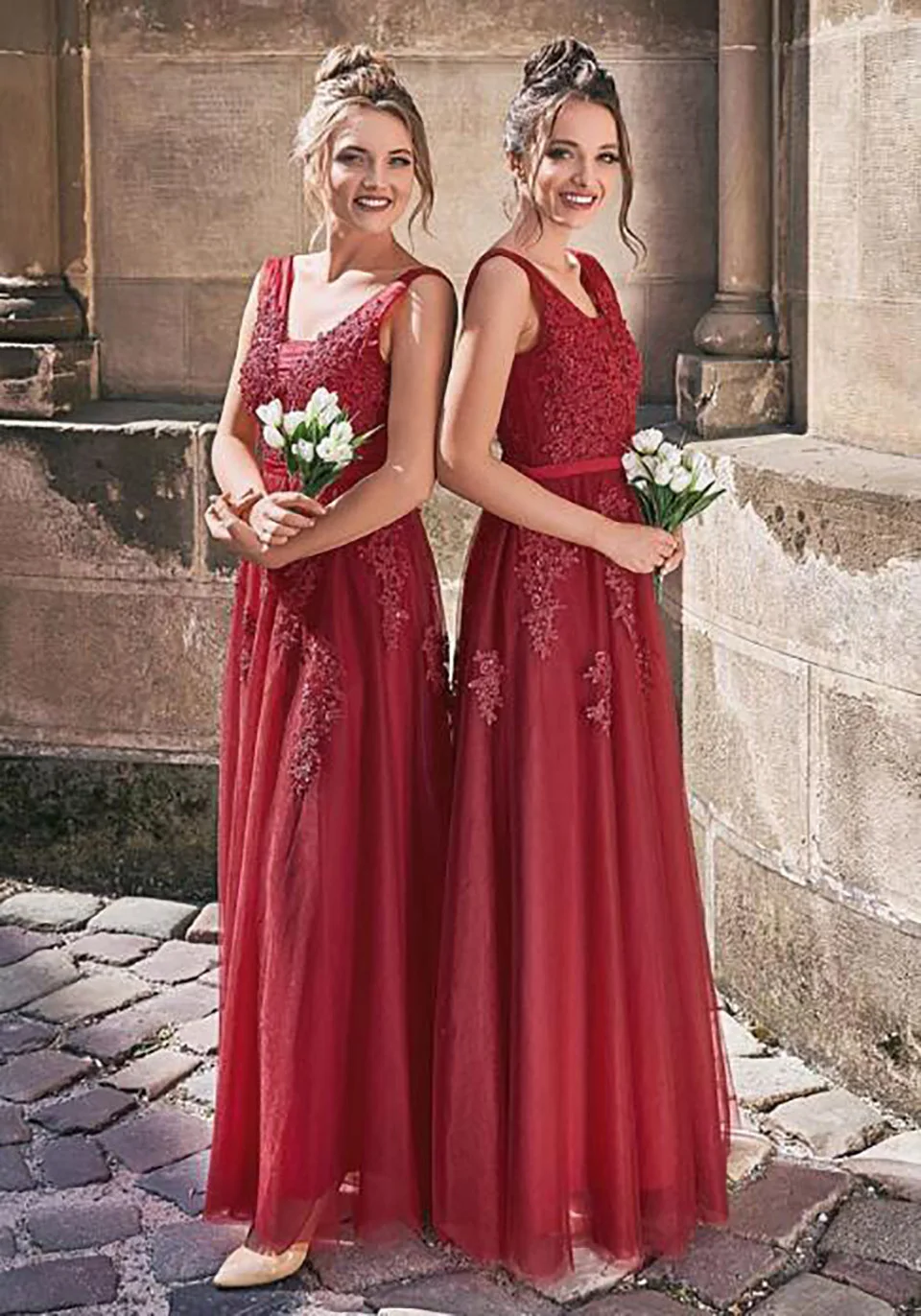 

Bridesmaid Dresses Applique Tulle Prom Party GownA Line Gown Plus Size Custom V-Neck Dress Floor-Length