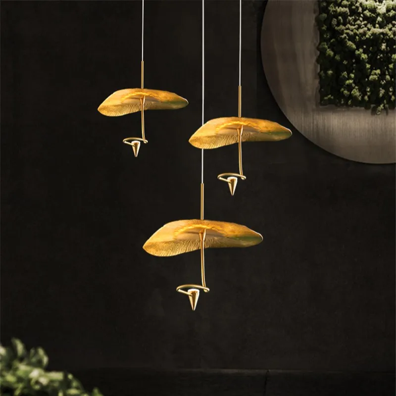 

Zen new Chinese copper lotus leaf Pendant Lights Gold Lustre restaurant staircase Hanging lamps tea room decor Lighting Fixtures