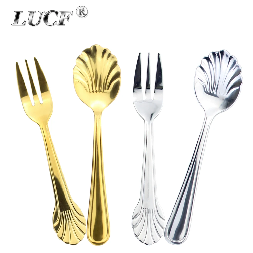 LUCF Leisured Dessert Utensils Mirror Stainless Steel Fruit Fork Snack Cake Forks Tea Spoons Cutlery Tableware For Kitchen Party