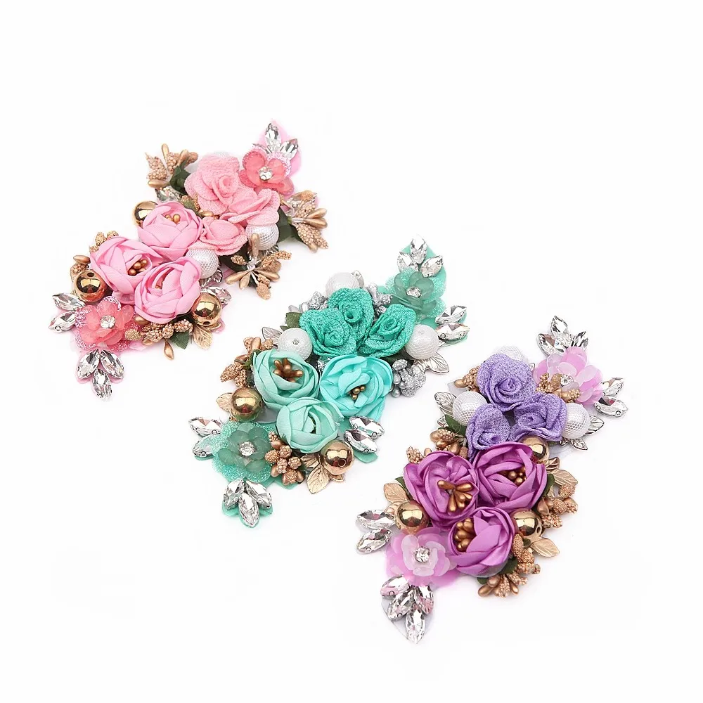 5pcs/Lot 7Colours Handmade Rhinestone 3D Rose Flower Sew On Applique Embroidery Rhinestone Flower  Patches For Clothing