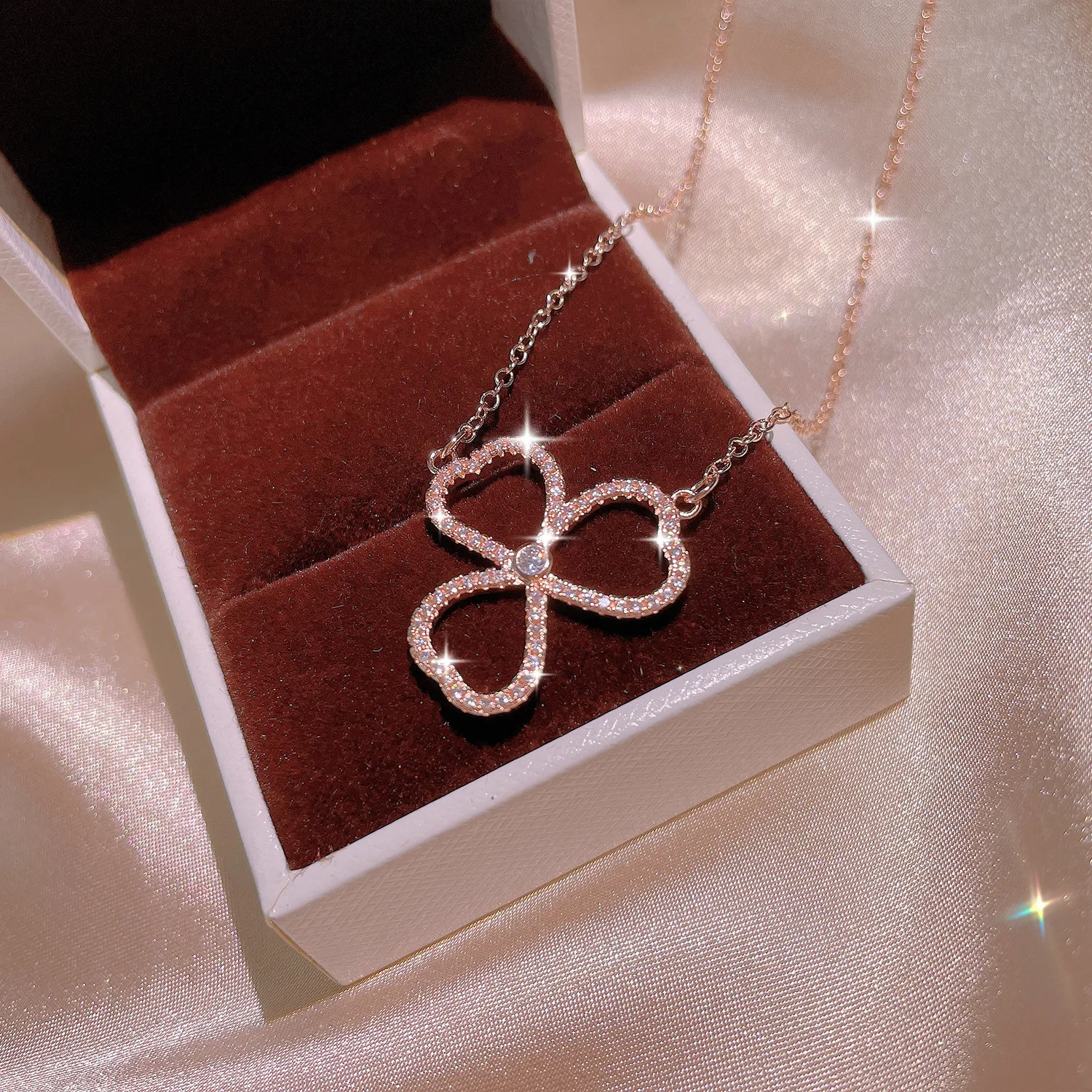 2021 Temperament Four-leaf Clover Zircon Ring Necklace Earrings Three-piece Set All-match Zircon Jewelry Gift