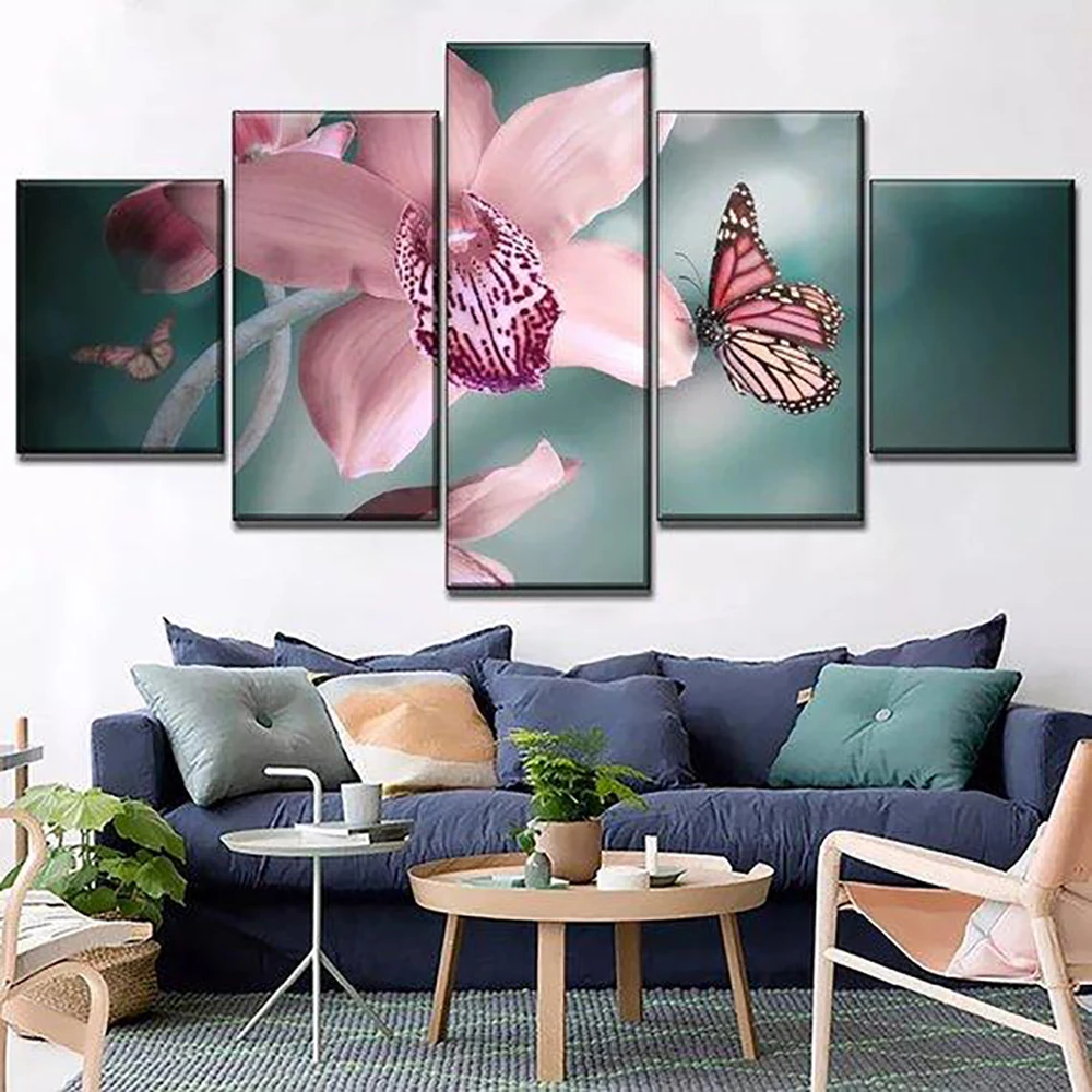 5 Pieces Wall Art Canvas Painting Orchid Butterfly Poster Modern Home Decoration Modular Pictures Living Room Bedroom Framework