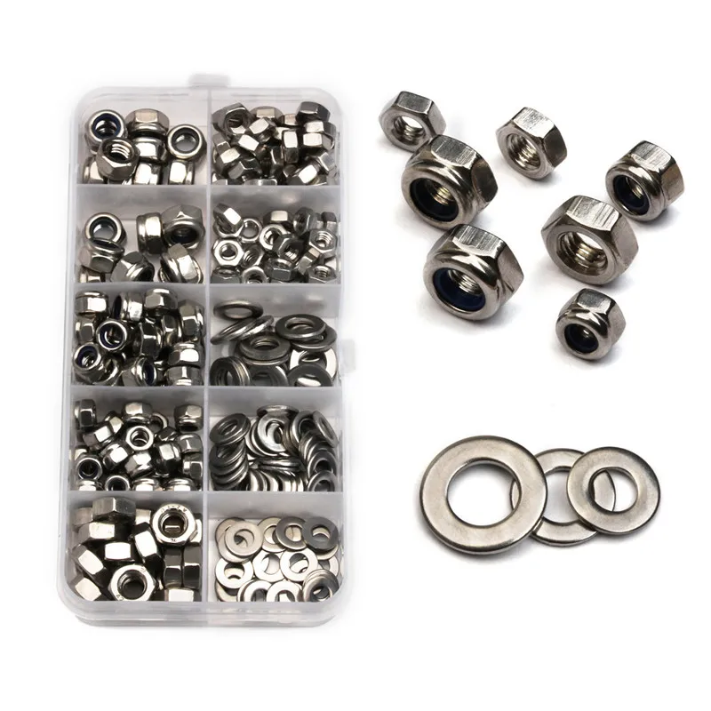 

255Pcs/Set M4 M5 M6 Hexagon Stainless Steel Lock Nuts Flat Washers Screw Nut Metal Ring Gaskets Plain Washer Assortment Kit