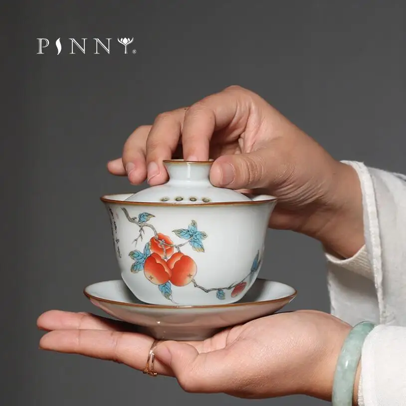 

PINNY 150ML Pipa Kung Fu Ceramic Gaiwan With Filter Hole Pigmented Retro Tea Bowl Vintage Tea Tureen