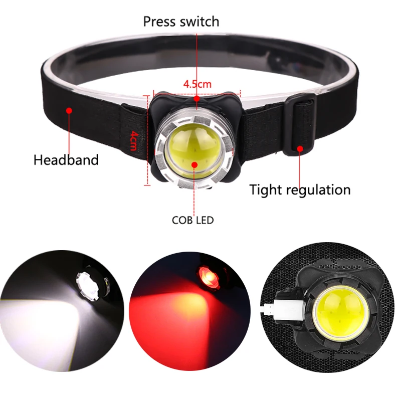 Powerful LED Headlamp USB Rechargeable Headlight COB Head Light with Built-in Battery Waterproof Head Lamp White Red Lighting