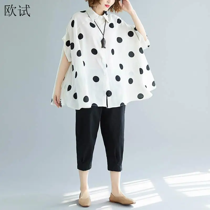 OverSized Polka Dot Chiffon Shirt Blouse Women Summer 2023 Casual Korean Batwing Sleeve Womens Tops and Blouses White Shirt