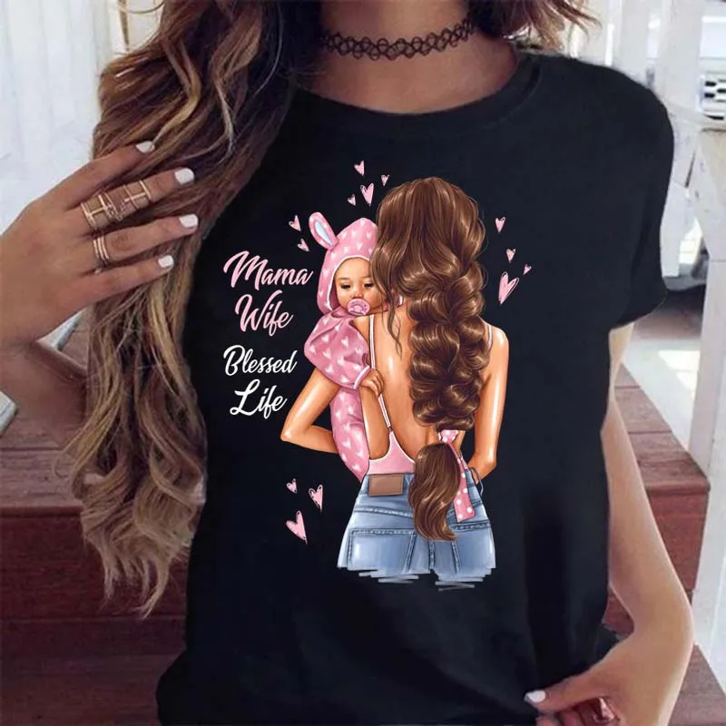 Women Clothing Cartoon Family Happy Time Mama Mom Mother Short Sleeve Clothes Print Tshirt Female Tee Top Graphic Black T-shirt